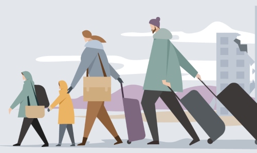 Illustration of a family walking with bags and suitcases.